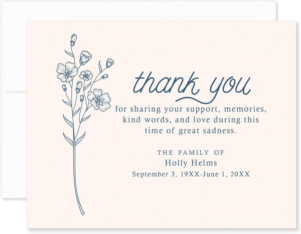 Simple Blue Wildflower Funeral Thank You Cards, Personalized Sympathy Acknowledgement Cards, Bereavement