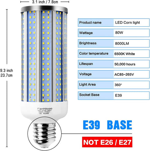 FanNicoo LED Corn Light Bulb E39 Base 800W Equivalent 80W 6500K 8000 Lumen Large Area Cool Daylight White for Outdoor Indoor Garage Warehouse Workshop Street Factory Backyard Barn by FanNicoo
