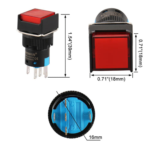 Baomain 4-Pack Push Button Switch - 5/8 inch 16mm - Momentary Square Cap - DC 12V SPDT 5 Pin, LED Lamp Colors