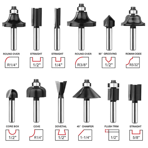 UTRUSTTO 1/4 Inch 12 1/4" Set Router Bits Shank Pieces, Tungsten Carbide Router Bit with Wood Box, for Professional