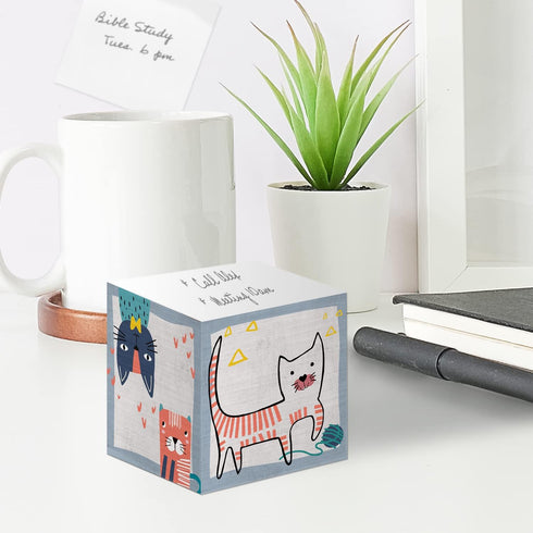 Whimsical Cats Sticky Note Cube, 600 Sheets, 2.75" Memo Block Printed on 4 Sides, Different Feline Design On Each Side