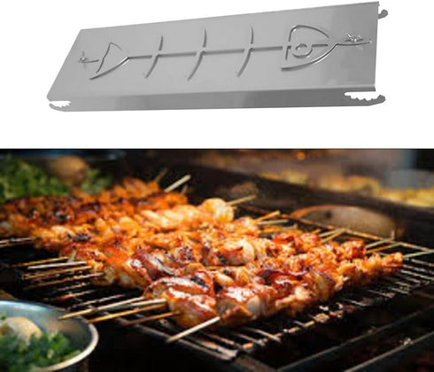 Stainless steel flame salmon holder for fire bowls and kettle barbecues, offering adjustable tilt angles and dishwasher