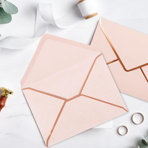 Whaline 50Pcs Blush Pink Invitation Envelopes with Rose Gold Border, V-Flap Gift Card Sleeves for Mailing, 7.3x5.3 Inch