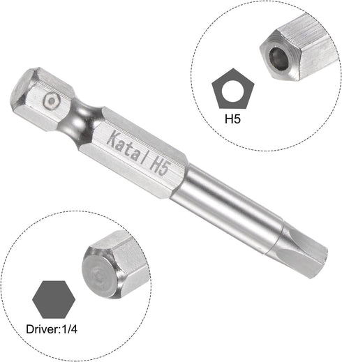 5pcs H5 Pentagon Screwdriver Bit 1/4" Hex Shank - 2" Length Magnetic Security Screw Driver Power Tool