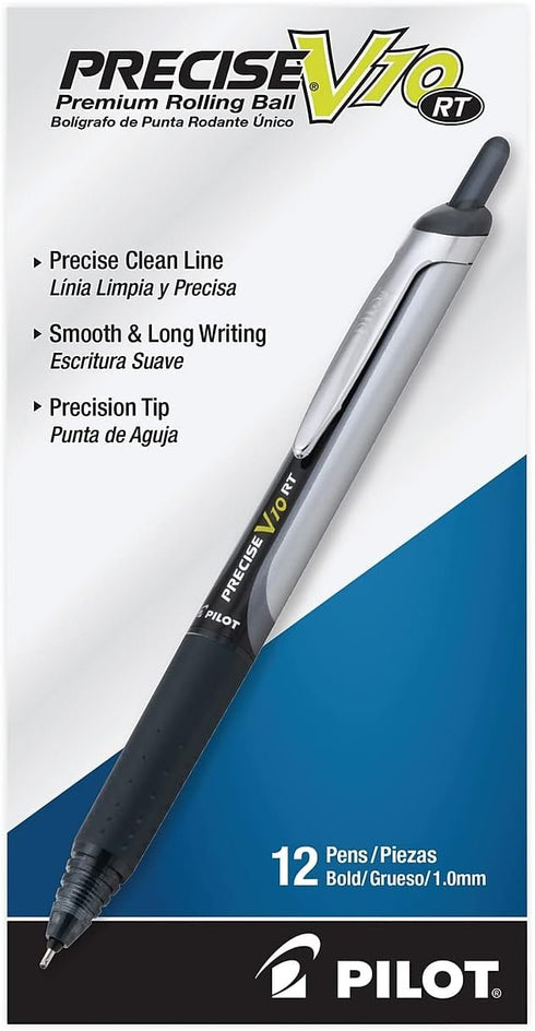 Pilot Precise V10 RT Refillable & Retractable Rolling Ball Pens, Bold Point 1 mm, Blue, Pack of 12