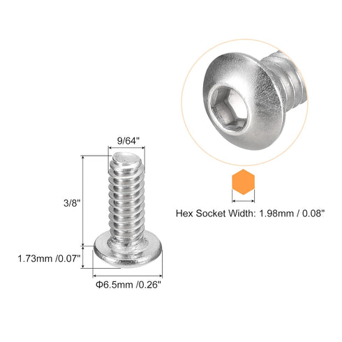 uxcell #6-32x3/8" Button Head Socket Cap Screws, 50pcs 304 Stainless Steel Fasteners Hex Bolts Screws, Full Thread Hex Drive Screws