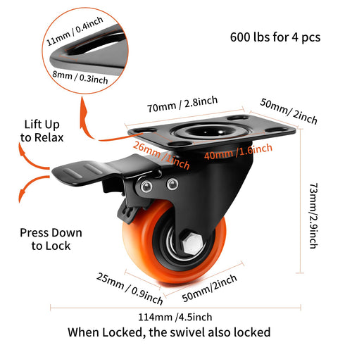 Caster Wheels- 2 Inch Casters Set of 4 Heavy Duty, TAYLOON Locking Industrial Casters with No Noise Polyurethane Wheels, Swivel Plate Casters for Furniture and Workbench - Set of 4 (Free Screws)…