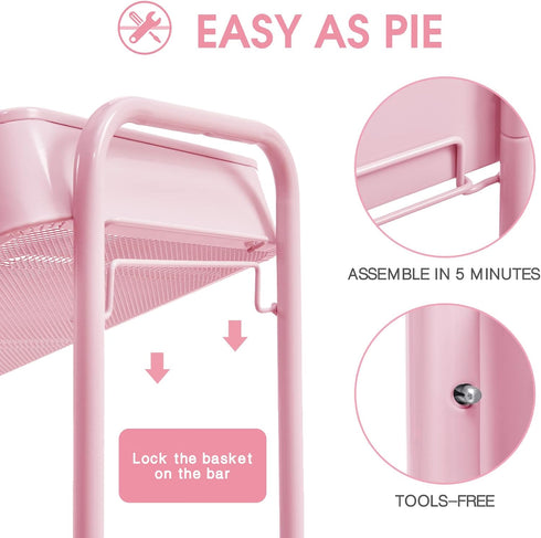 TOOLF 3-Tier Rolling Cart, Pink Metal Utility Cart with Lockable Wheels, Easy Assembly for Baby Room, Bathroom, Kids'