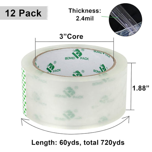 BOMEI PACK 12 Rolls Clear Packing Tape with Free Dispenser, Heavy Duty Refill Tape for Shipping