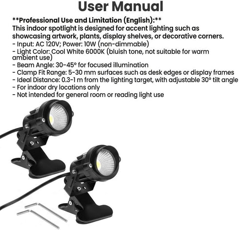 10W Set 2 Pack QWORK Clamp Spot Light Adjustable Cool White Focused Beam for Display, Plants & Artwork