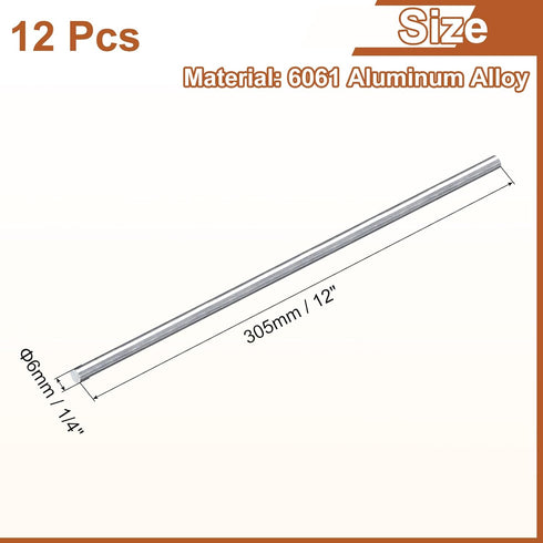 uxcell 12Pcs 1/4"(6mm) Dia 12"(305mm) Long 6061 Aluminum Round Rod Solid Lathe Bar Stock for Industry DIY Crafts