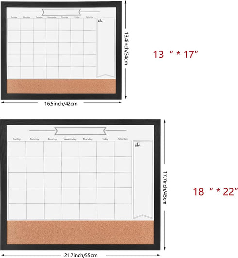 Monthly Calendar Dry Erase White Board & Cork Bulletin Board, 13" x 17" Black Wood Frame, Magnetic Surface
