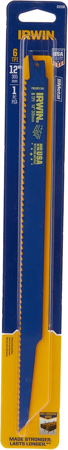 IRWIN Tools Nail-Embedded Wood Cutting Reciprocating Saw Blade, 12-Inch, 6 TPI (372156) by IRWIN