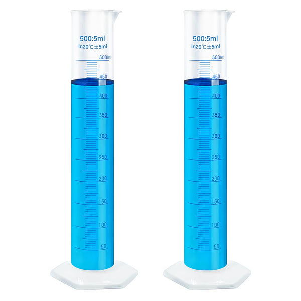 2pcs 500ml Plastic Graduated Cylinders, Lab Chemistry Measuring Set with Clear Graduations and Spout