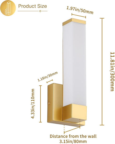 12" Inch 12W 4000K 110V Gold Wall Lights for Bedroom Modern Indoor LED Hallway Sconces Corner Light Height Bedside