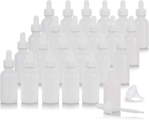 JUVITUS 1 oz Opal White Glass Boston Round Bottle with White Dropper, 24 Pack + Funnel
