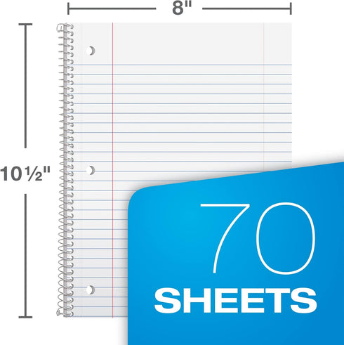 Oxford Spiral Notebook 6 Pack, 1 Subject, Wide Ruled Paper, 8 x 10-1/2 Inch, Blue, Yellow, Red, Light Blue, Green and Black, 70 Sheets (65010) by Oxford