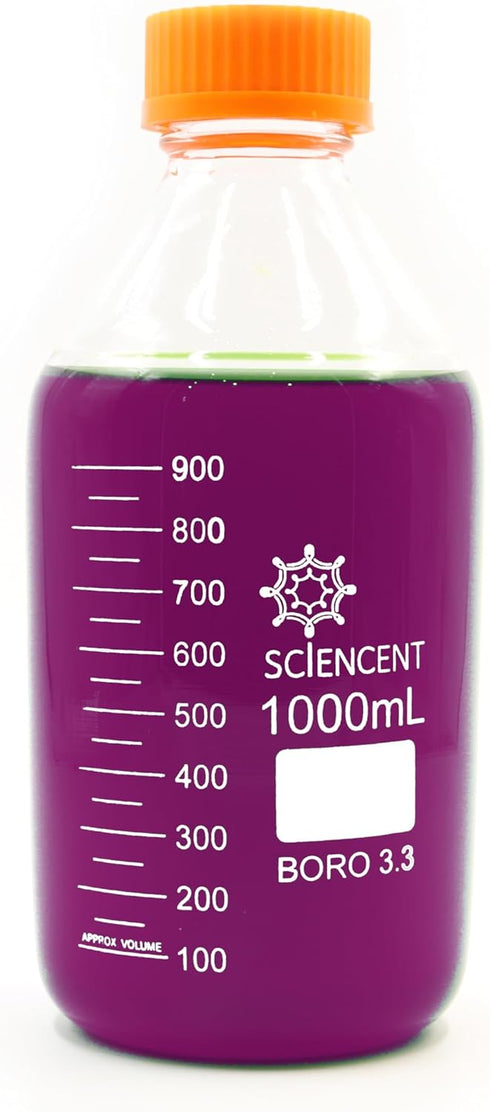 (Pack of 2) 1000ml Leak Proof Media Bottle, Super Thick Graduated with GL45 Screw Cap, Durable 1 Liter Glass Bottle