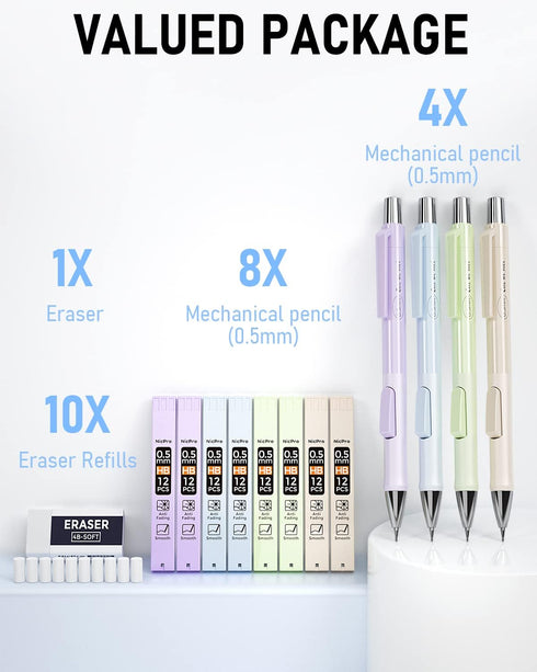 Nicpro 4PCS Pastel Mechanical Pencil 0.5mm, Cute Fast Click Set with 100PCS HB Lead Refills