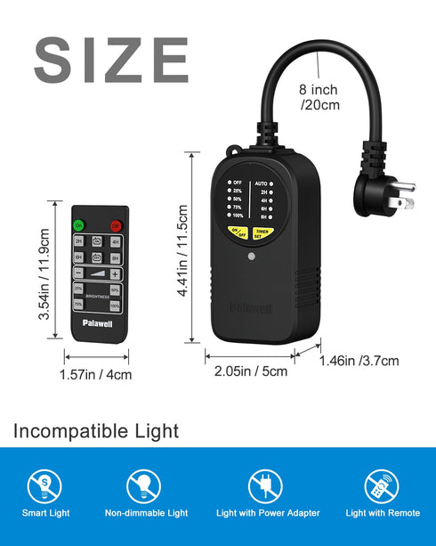 Dimmer 600W Dimmer IP65 Outdoor Plug for String Lights with Remote, Plug-in Switch Dusk-to-Dawn Sensor + Timer, Power