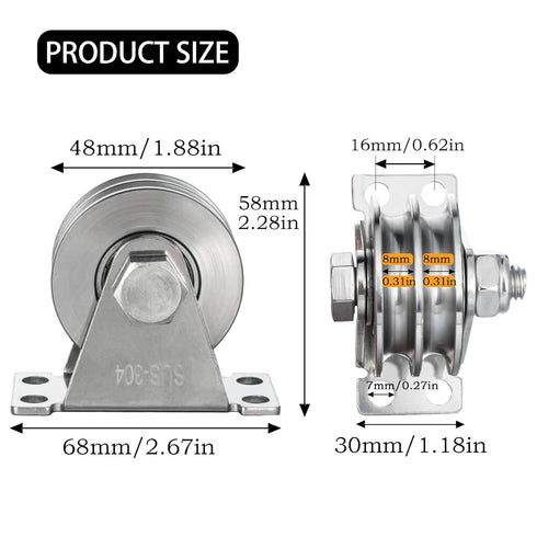 Heavy Duty Double Groove Cable Fixed Pulley Block, Stainless Steel, Bearing Inside, 2 Pack for Lifting System