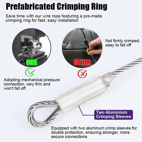 1/4 25ft 6400lbs 7X19 Stainless Steel Cable, Wire Rope with Wire Rope Clamps and Thimble, Breaking Strength, Strands