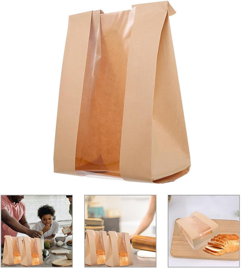 ARTSEWPLY 100pcs 250g Packaging Kraft Paper Bread Bags with Window, Baking Sandwich Pouches for Toast, Cookies