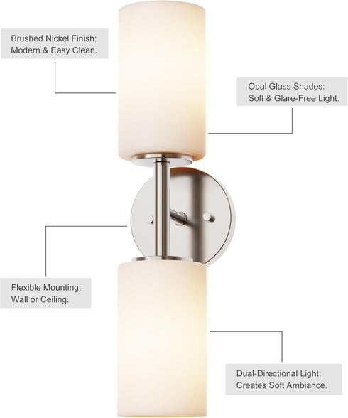 2-Light Tawson Talos Wall Sconce Light in Brushed Nickel with Satin Etched Glass Shade for Hallway, Entryway, Passway
