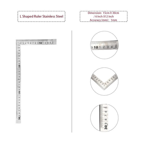 L Shaped Ruler 6" x 12" Metal 90 Degree Square Ruler for Carpenter Engineer - 300 x 150mm