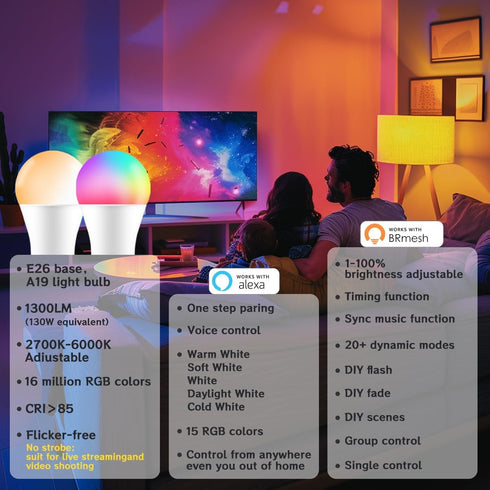 UCB Smart Light Bulbs 130W Equivalent, Color Changing Light Bulb, Work with Alexa Only, 16 Million Colors RGBWW, Music Sync, DIY Flash,1300LM A19 E26 Bluetooth Led Light Bulbs, No WiFi required,4Pack by UCB