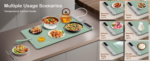 6 Settings, 23.6 inch) OKAN Electric Silicone Food Warmer Mat with Heat-Resistant Table Protector Temp Auto Shut-Off
