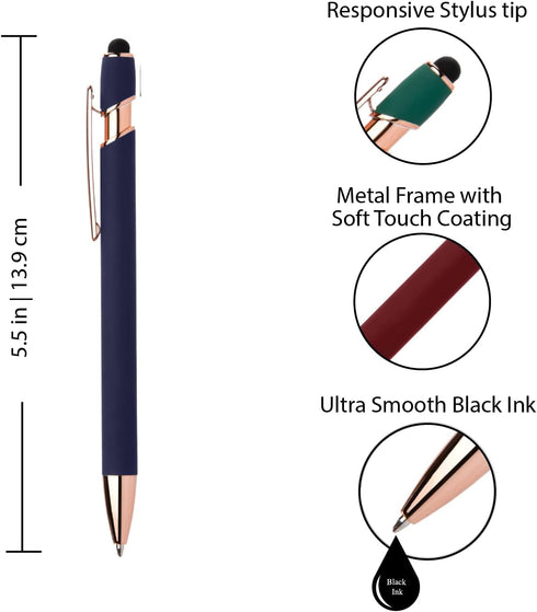 Rose Gold Rubberized Soft Touch | Rose Gold Colors | Ballpoint Pen with Stylus Tip a stylish, premium metal pen, black ink, medium point (Blue, 7 Pack) by Express Pencils