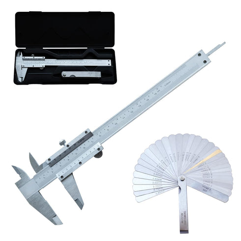 Vernier Caliper 6 Inch + Stainless Steel Feeler Gauge 32 Blade, 6" Stainless Steel Non-Digital Caliper