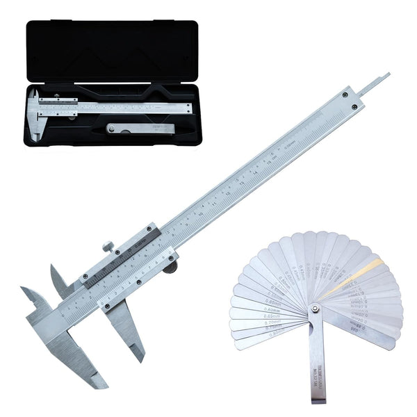 Vernier Caliper 6 Inch + Stainless Steel Feeler Gauge 32 Blade, 6" Stainless Steel Non-Digital Caliper