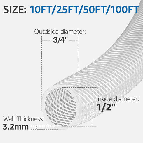 1/2" ID x 25 Ft High Pressure Clear Flexible PVC Tube, Heavy Duty Braided Plastic Vinyl Tubing for Industrial Use