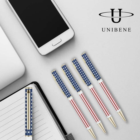 Unibene Slim Metal Retractable Ballpoint Pens, Bulk of 6 Count, Gold American Flag Design for School and Office