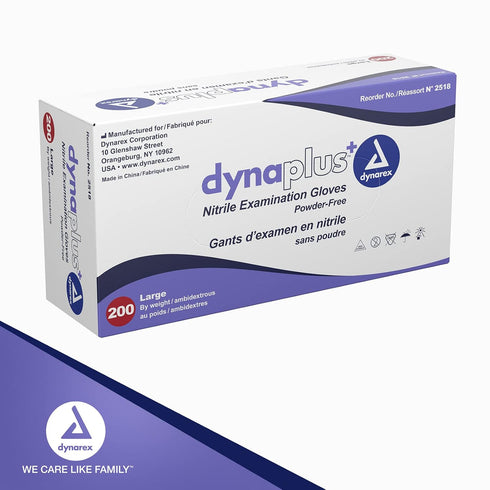 1 200 Dynarex DynaPlus Disposable Nitrile Exam Gloves, Powder-Free, Latex-Free, Strength + Value, Used by