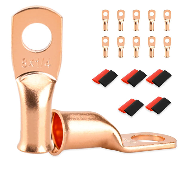 10 PCS Battery Terminal Connectors, 8 Gauge Wire Ends Lugs, 8 AWG 1/4" Stud Ring Terminals with Heat Shrink Tubing