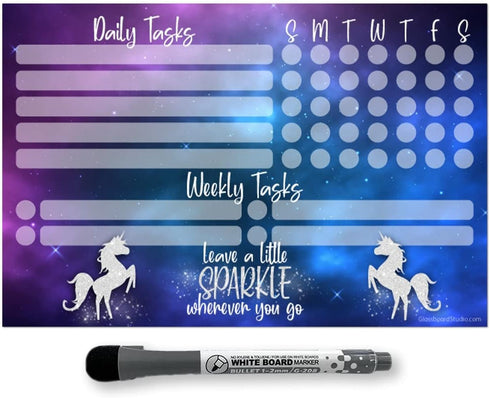 Dry Erase Whiteboard Task Planner - Removable Adhesive Decal with Fine-Tip Magnetic Marker (6 x 9 inches, Unicorn)