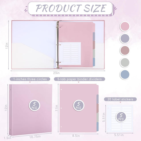 Ctosree 5 Sets Heavy Duty 3 Ring Binder 1 Inch with 2 Pockets, 5 Tab Dividers, 8.5 x 11 Inch, Warm Color