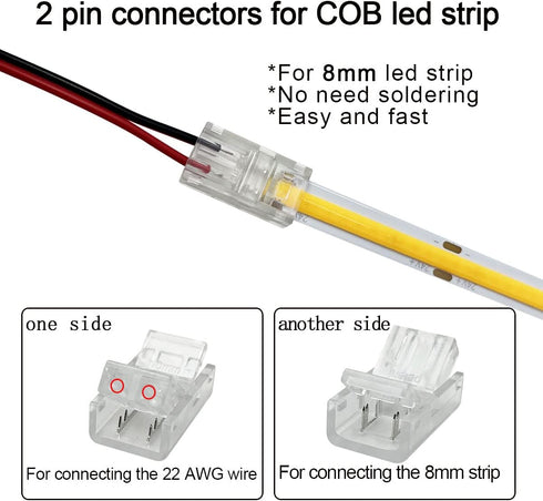 12 Pack 8mm Cob LED Strip Light Connectors, 2 Pin Solderless Adapter with 6M/19.68ft LED Wire for 12/24V Tape