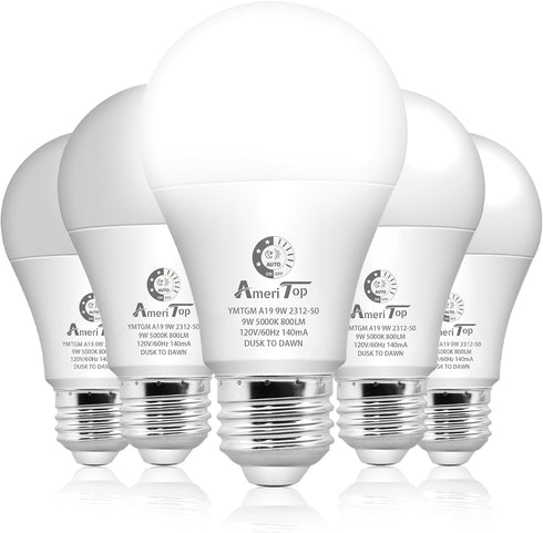AmeriTop Dusk to Dawn Light Bulb- 5 Pack, A19 LED Sensor Light