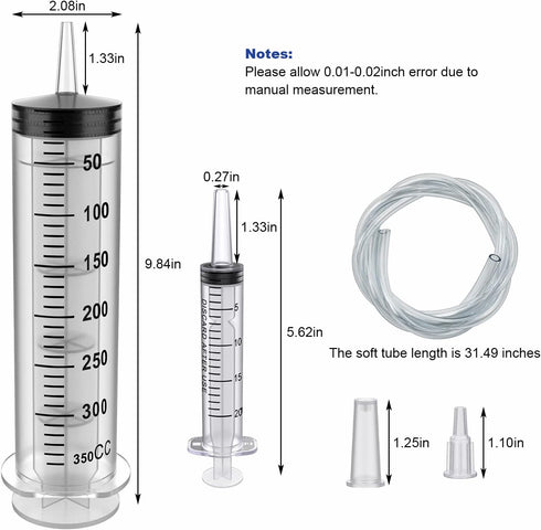 2 Pack 350ml Plastic Syringe Large Syringes Catheter Tip Sterile Individual Wrap with Tip Cap Adapter Soft Tube,Measurement for Scientific Labs,Measuring Liquids,Pet Feeding,Oil or Glue