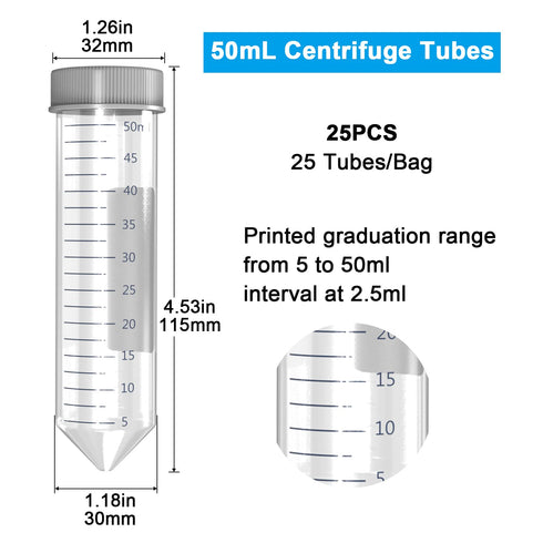 ONiLAB Conical Centrifuge Tubes 50mL, 25pcs Plastic Test Tubes with Leakproof Screw Caps, Polypropylene Container with Graduated and Write-on Spot, Sterilized, Non- pyrogenic, DNase/RNase free