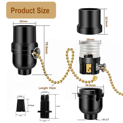 Switch,3 Pack E26 E27 (1/8 Phenolic Medium Base Light Socket with Pull Chain TWDRTDD Black Period Style Edison Retro