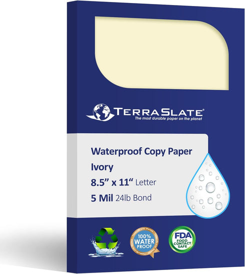 Waterproof Laser Printer Copy Paper, Ivory 8.5" x 11" Sheets, 25 Sheets, 5 MIL TerraSlate (24lb Bond), Printable