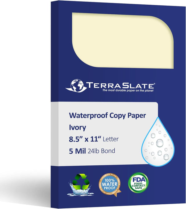 Waterproof Laser Printer Copy Paper, Ivory 8.5" x 11" Sheets, 25 Sheets, 5 MIL TerraSlate (24lb Bond), Printable