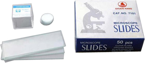 AmScope BS-50P-C 50pc Blank Pre-Cleaned Microscope Glass Slides + 100pc Pre-Cleaned Circular Glass Cover Slips
