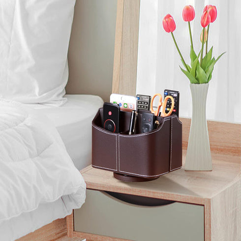 YAPISHI 360 Degree Spinning Leather Remote Control Holder, Desk Caddy/Box, Coffee Table Organizer for Media, Calculator