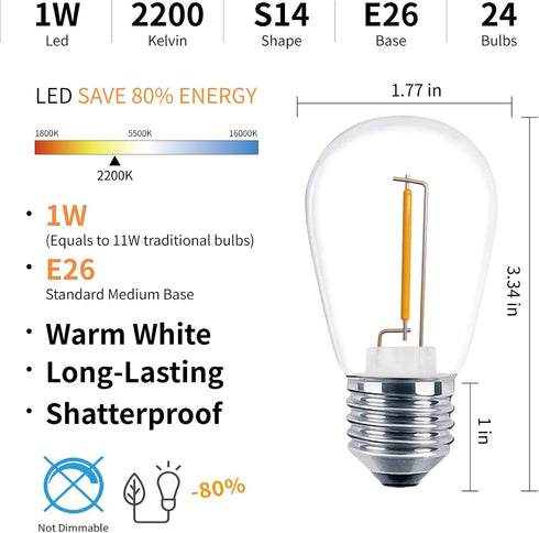 Outdoor String Light Bulbs, 1Watt Shatterproof S14 Replacement Light Bulbs, Vintage Style,E26 Medium Base, 2200K Warm White, 11 Watt Equivalent, 24 Pack by ECOVANIA